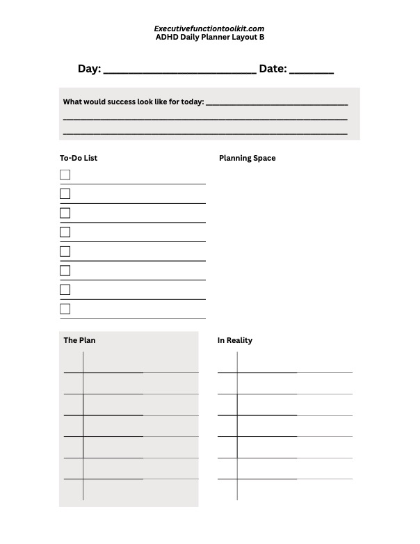 ADHD Planner for Adults: Daily Planner Layout B to Make a Plan and Adjust in Real Time